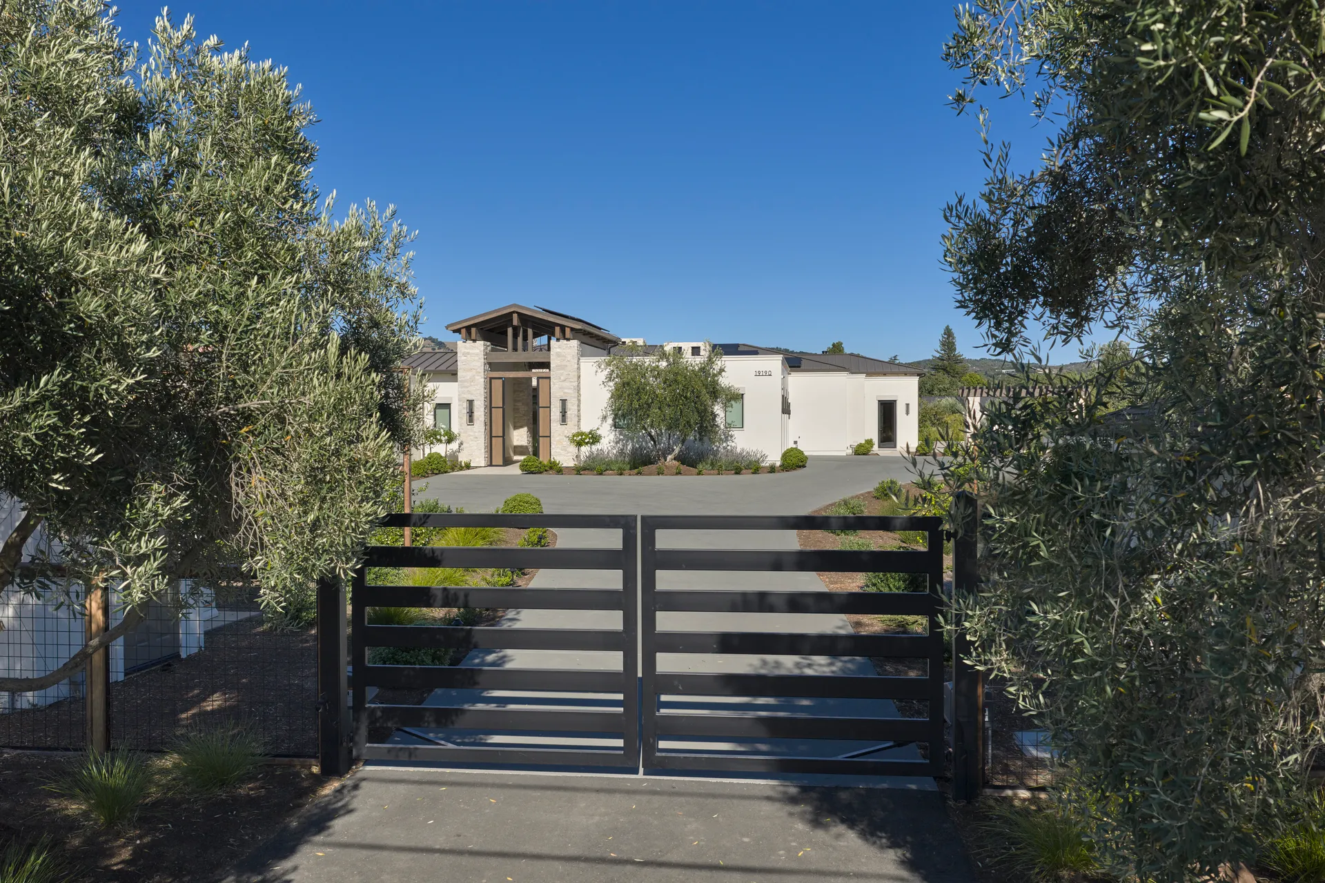 The entry gate between olive trees, with the house at the end of the drive